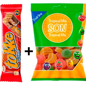 Chocolatina Tokke Original 47 gr. - Caja 30 unidades + GS. Tropical Mix 80 gr. - Caja 16 Unidades
