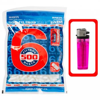 Filtro Rasta Algodón 6 mm (bolsa 500 filtros +Mechero Rasta) - Caja 16 bolsas