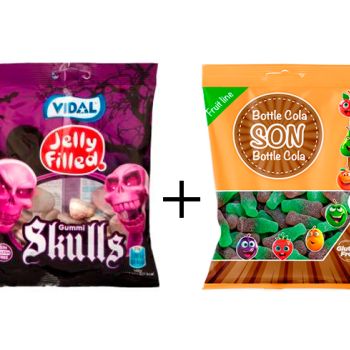 G V. Calaveras Rellenas 90 gr. - Caja de 14 unidades + GS. Bottle Cola Pica 80 gr. - Caja 16 Unidades