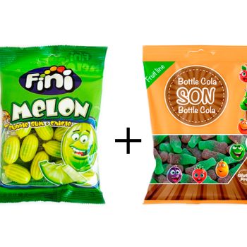 GF. Chicle Melón 90 gr. - Caja 12 unidades + GS. Bottle Cola Pica 80 gr. - Caja 16 Unidades
