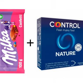 .Milka Confetti 100 gr. ( 0.76€ ) + Preservativos Control Nature de 3 unidades ( 1.14 € )