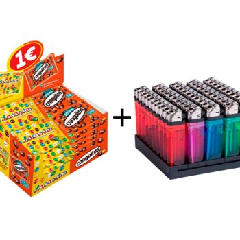 .Pack Conguitos y Lacasitos ( 0.61 € uni. ) + Mechero liso de piedra ( 0.01 € uni. )