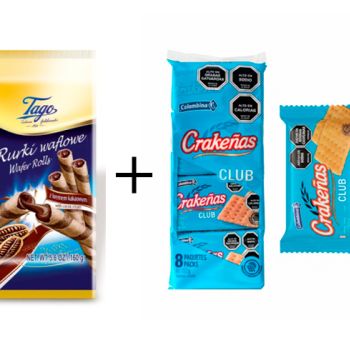 Lote: Tubitos de Cacao 150 gr. - Caja 12 unidades ( 0.60 € Uni. ) + Galletas Crakeñas 24 g – Pack 8 paquetes ( 0.25 € Uni. )
